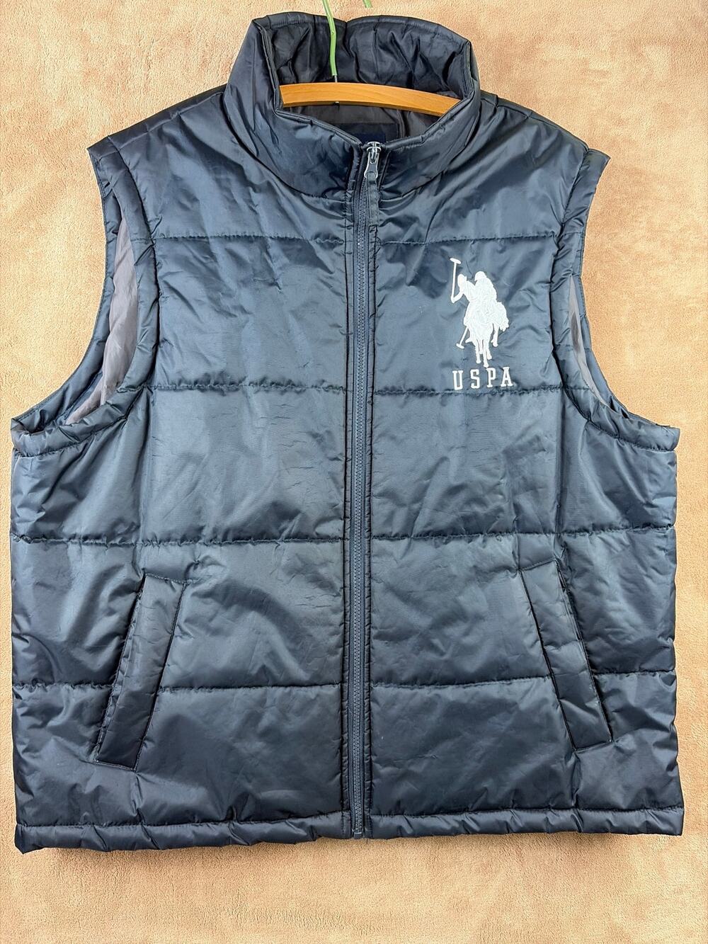 US Polo Assn Mens Puffer Vest Size XL Black Quilted Big Pony Logo Full Zip USPA